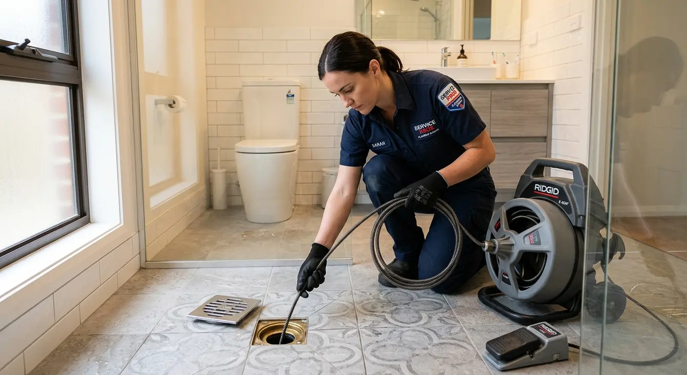 Technician clearing a bathroom floor drain for Clogged Drain Repair in Auburn